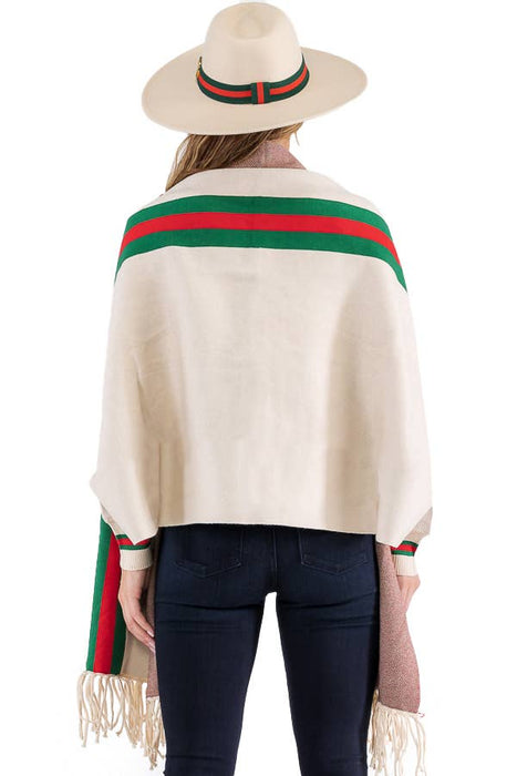 Tri-Stripe Faux Cashmere Cardigan Sweater Shrug Poncho: Camel