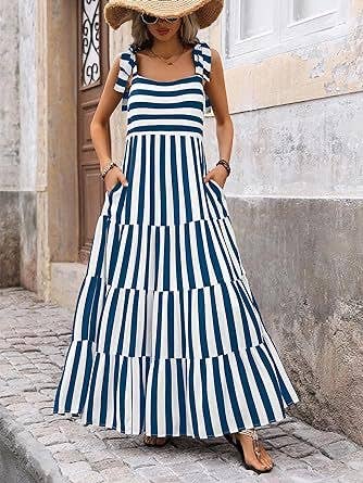 Striped and Floral Sleeveless Maxi Dress