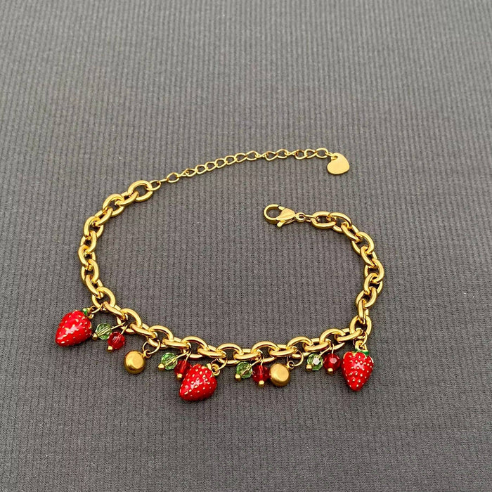 Enamel Strawberry Charm 18K Gold Plated SS Bracelet - FGS