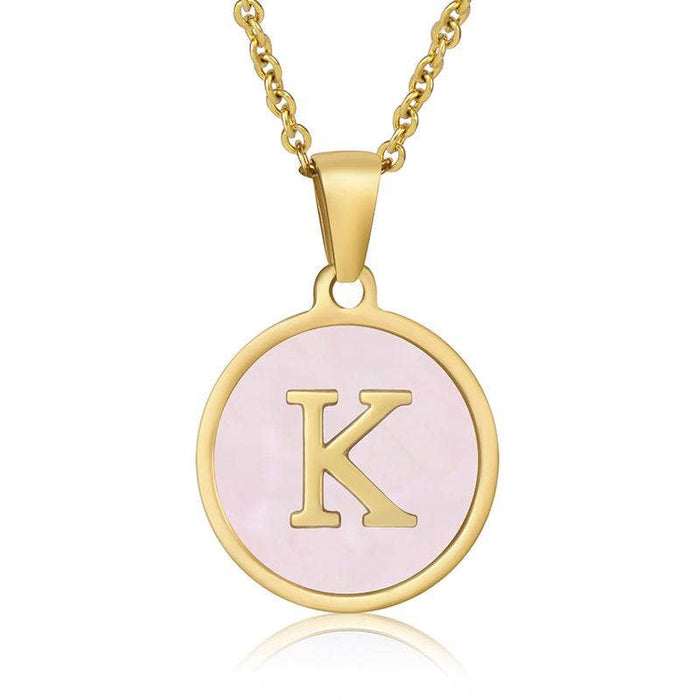 Pink Shell Initial 18K Gold Plated SS Round Charm Necklace