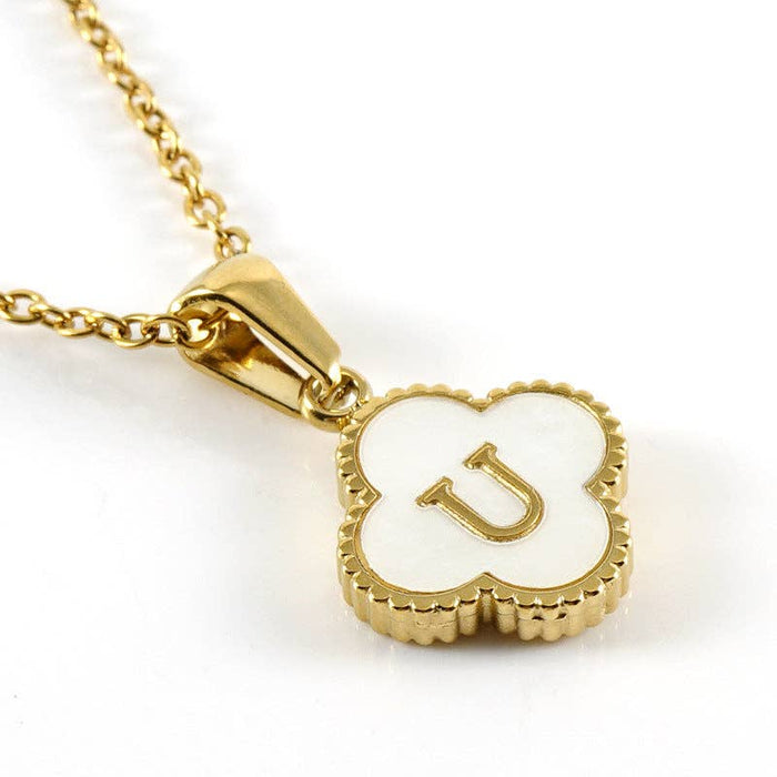 Clover Shell Initial Charm Golden Stainless Steel Necklace