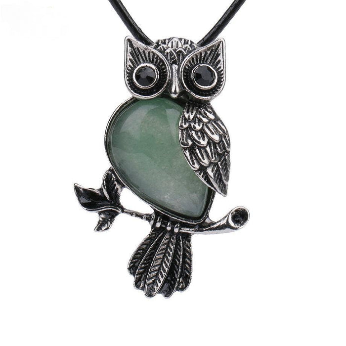 Owl Charm Pendant Necklace with Inlaid Natural Stones - CS