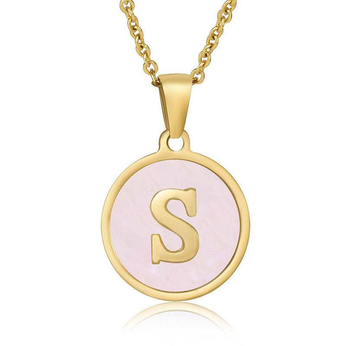 Pink Shell Initial 18K Gold Plated SS Round Charm Necklace