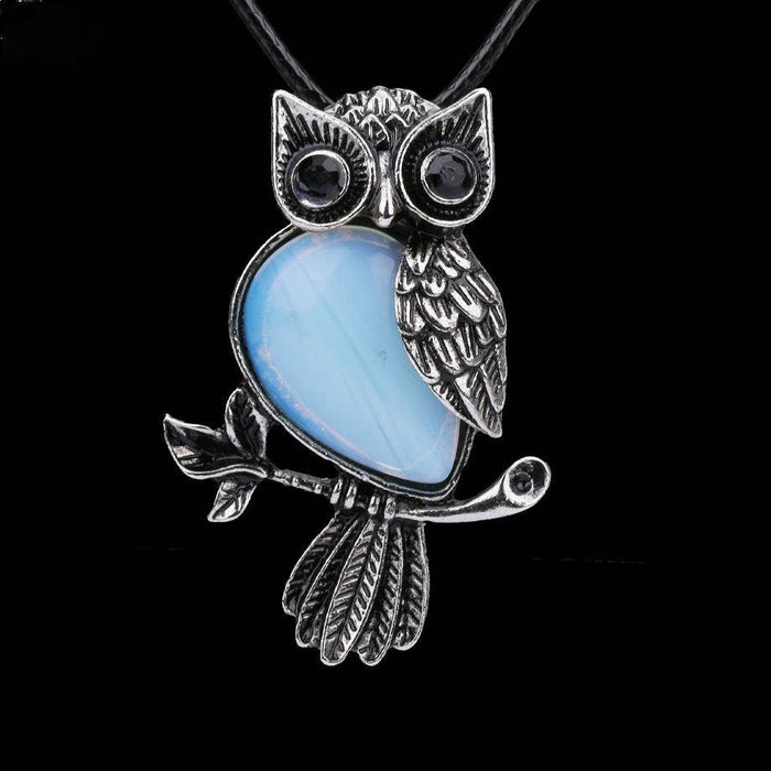 Owl Charm Pendant Necklace with Inlaid Natural Stones - CS