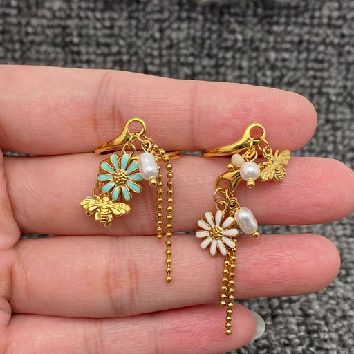 Enamel Daisy Bee & Pearl & Tassel 18K Golden SS Ring - FGS