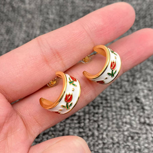 Enamel Tulip 18K Gold Plated C Shape Stud Earrings