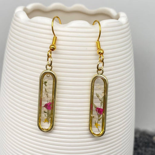 Dried Flower Long Oval Charm Dangle Earrings - PDF