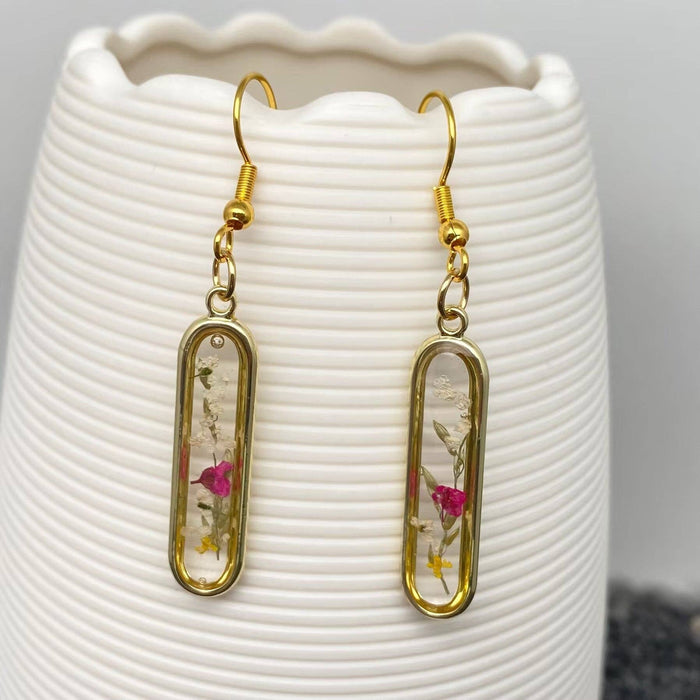 Dried Flower Long Oval Charm Dangle Earrings - PDF