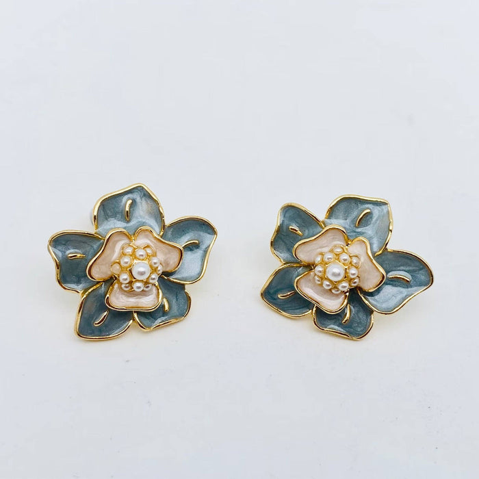 Pearl Enamel Flower Stud Earrings