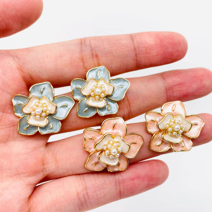 Pearl Enamel Flower Stud Earrings