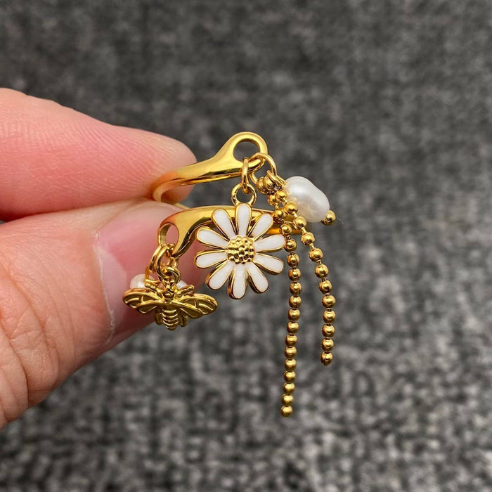Enamel Daisy Bee & Pearl & Tassel 18K Golden SS Ring - FGS
