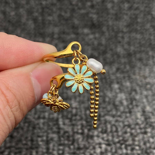 Enamel Daisy Bee & Pearl & Tassel 18K Golden SS Ring - FGS