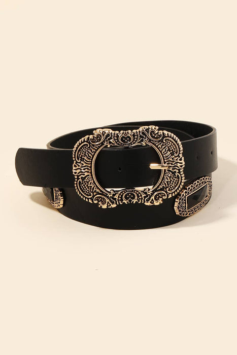 Embroidered Buckle Faux Leather Belt