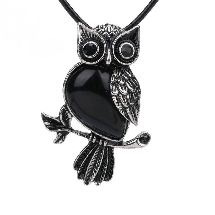 Owl Charm Pendant Necklace with Inlaid Natural Stones - CS