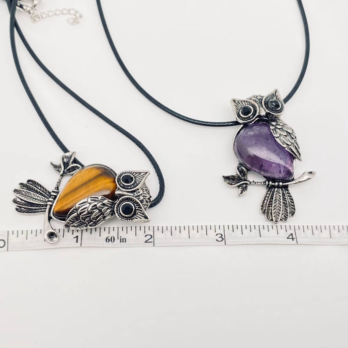 Owl Charm Pendant Necklace with Inlaid Natural Stones - CS