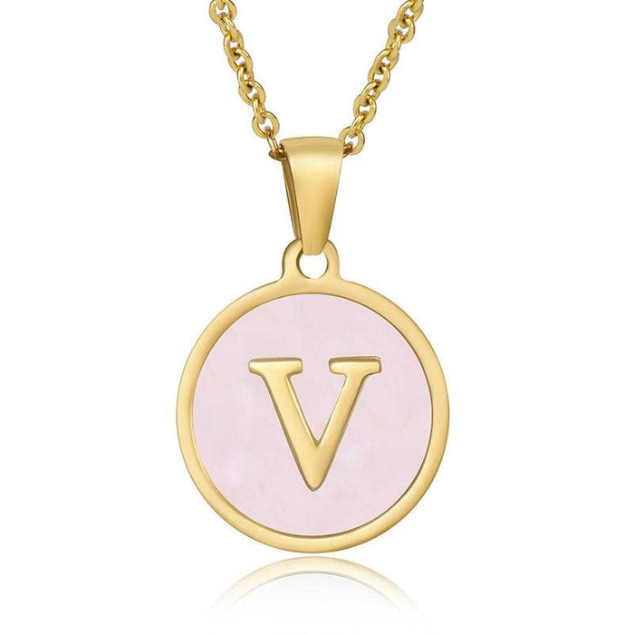 Pink Shell Initial 18K Gold Plated SS Round Charm Necklace