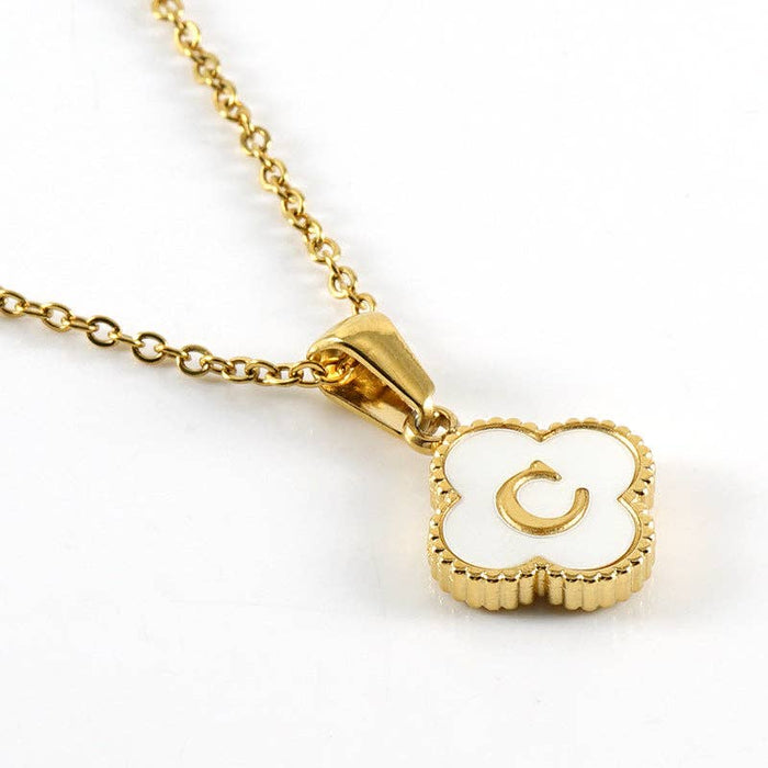 Clover Shell Initial Charm Golden Stainless Steel Necklace