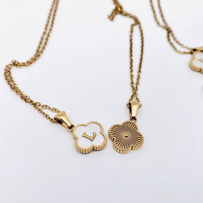 Clover Shell Initial Charm Golden Stainless Steel Necklace