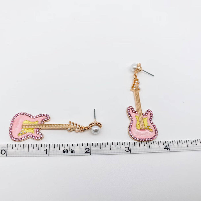 Pink Rhinestone Enamel Guitar Post Earrings - WJ