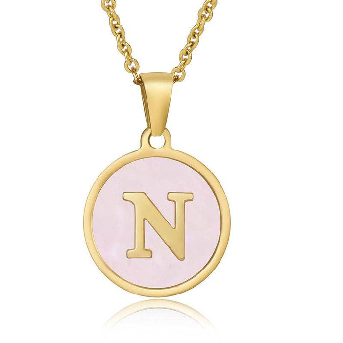 Pink Shell Initial 18K Gold Plated SS Round Charm Necklace