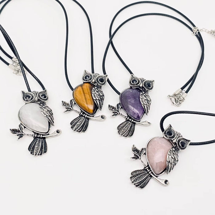 Owl Charm Pendant Necklace with Inlaid Natural Stones - CS