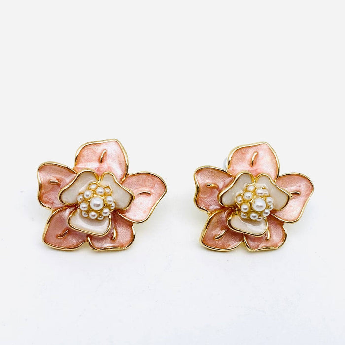 Pearl Enamel Flower Stud Earrings