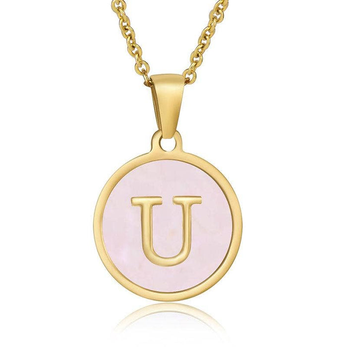 Pink Shell Initial 18K Gold Plated SS Round Charm Necklace
