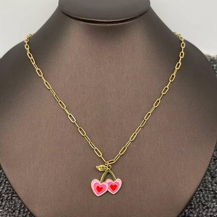 Pink Heart Cherry Charm 18K Gold Plated S.Steel Necklace-FGS