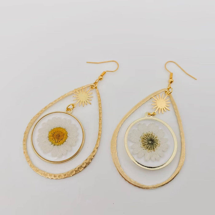 Daisy Pressed Flower Drop-shaped Dangle Earrings -PDF