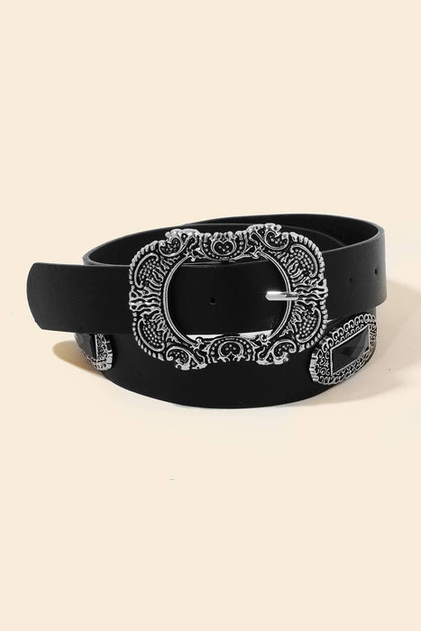 Embroidered Buckle Faux Leather Belt