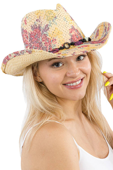 Floral Print Raffia Paper Straw Cowboy Hat
