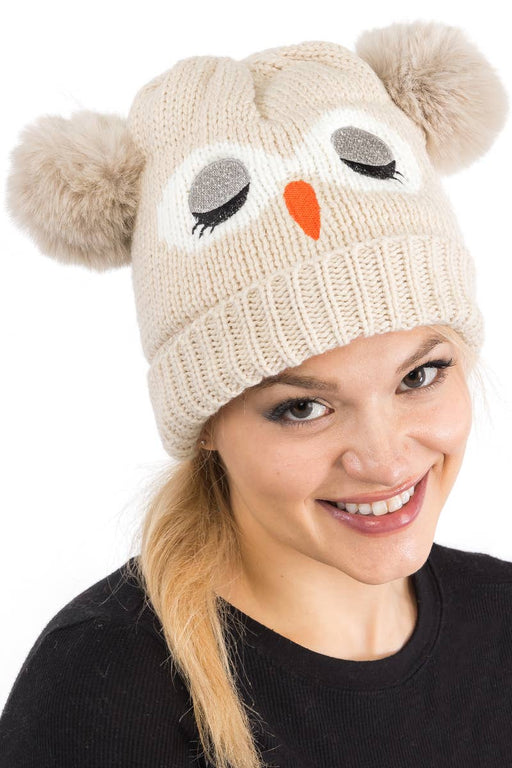 Sleeping Owl Fuzzy Fleece Chunky Knitted Beanie