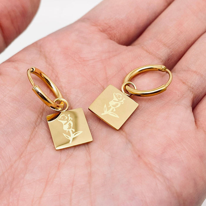 Rose Square Charm 18K Gold Plated Huggie Earrings - FGS