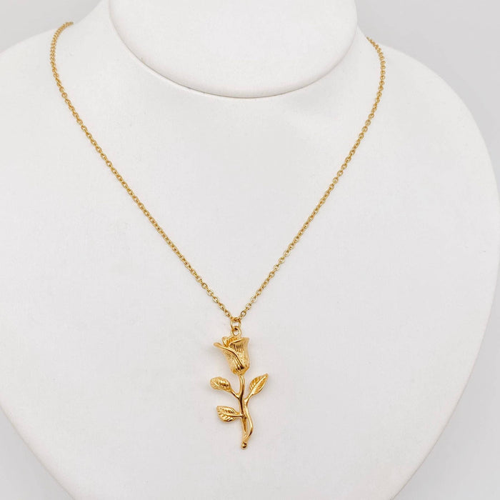 18K Gold Plated Stainless Steel Rose Pendant Necklace - FGS