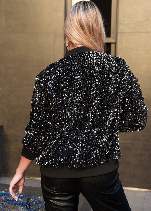 Women's Sparkly Sequin Jacket Glitter Long Sleeves Front Zip