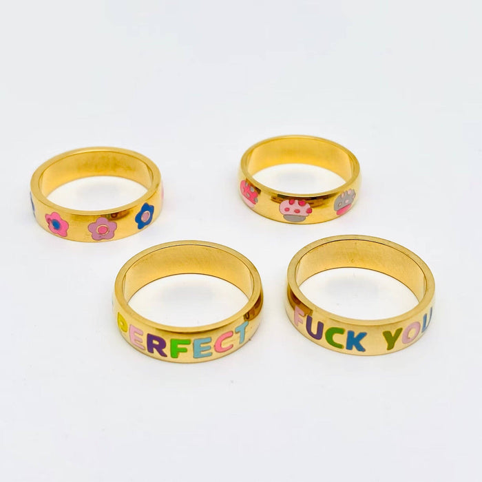 "Fuck You" Colored Enamel 18K Gold Plated Ring - FGS
