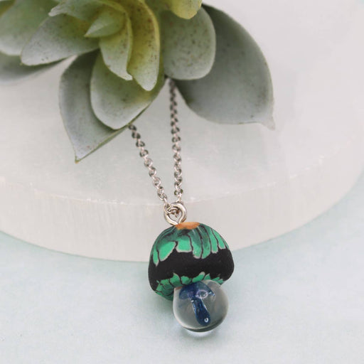 Blue Clay & Glass Mushroom Silver Necklace