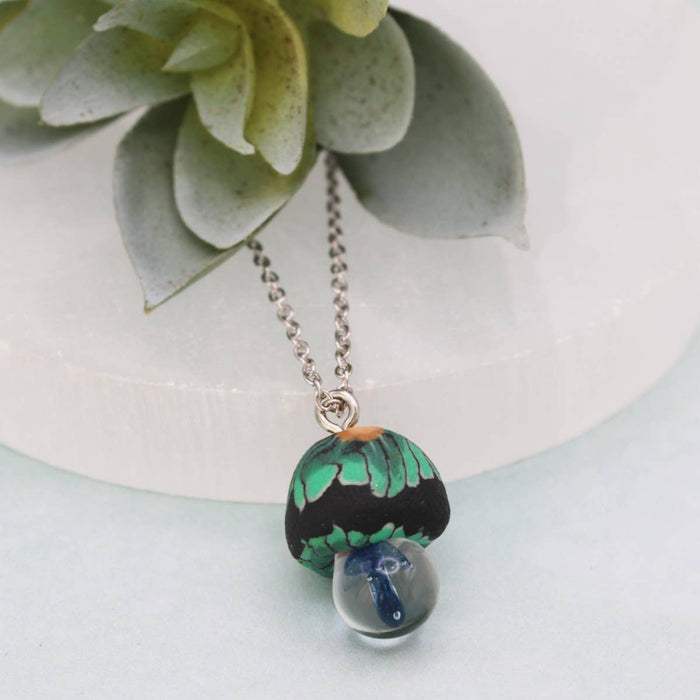 Blue Clay & Glass Mushroom Silver Necklace