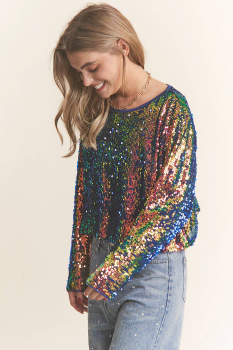 Sequins Box Body Long Sleeve Crop Top