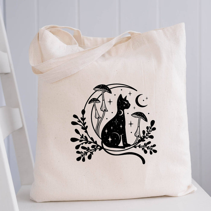 Celestial Cat Tote Bag - Moon & Mushroom Canvas Bag