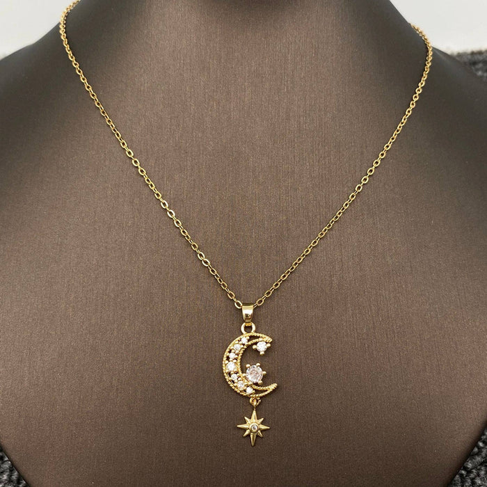 Sparkling Cubic Zirconia Star Moon charm Necklace - MS