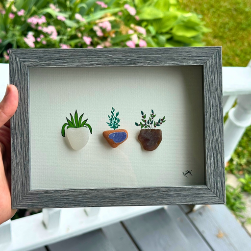 Framed Pebble Art Succulent Trio – Handmade Stone Planter