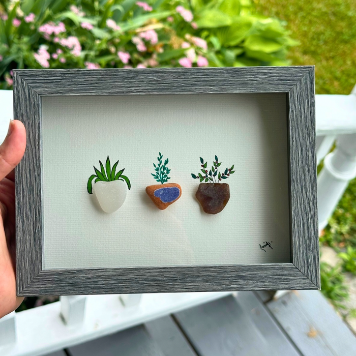Framed Pebble Art Succulent Trio – Handmade Stone Planter