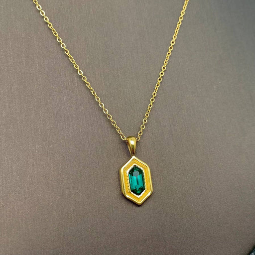Inlaid Green Glass Hexagon Charm18K Golden SS Necklace - FGS