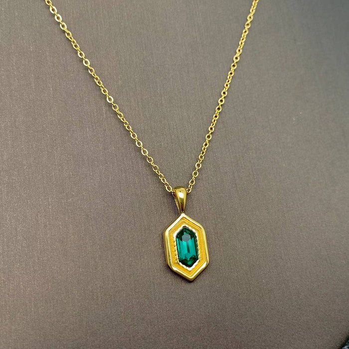 Inlaid Green Glass Hexagon Charm18K Golden SS Necklace - FGS