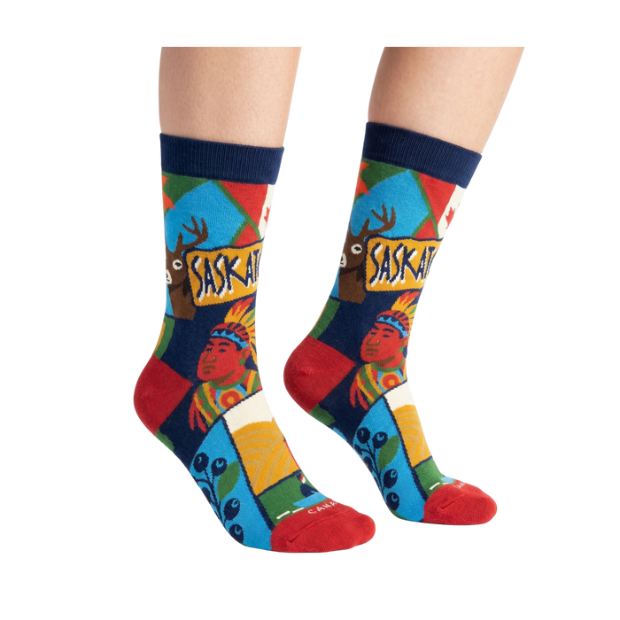 Saskatchewan Scenic Prairie Culture Crew Socks with Wheat Fields and Provincial Icons