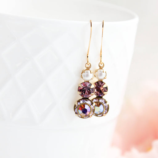 Vintage Glass Earrings -Three Jewel - Violet Purple