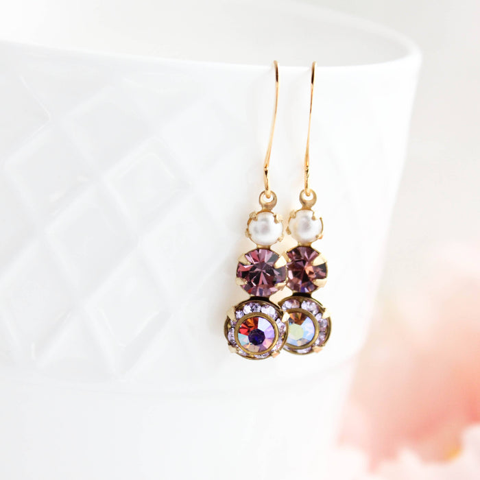 Vintage Glass Earrings -Three Jewel - Violet Purple