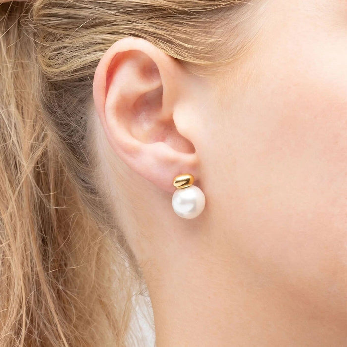 18K Gold PVD Stainless Steel 12mm glass Pearl Stud Earrings