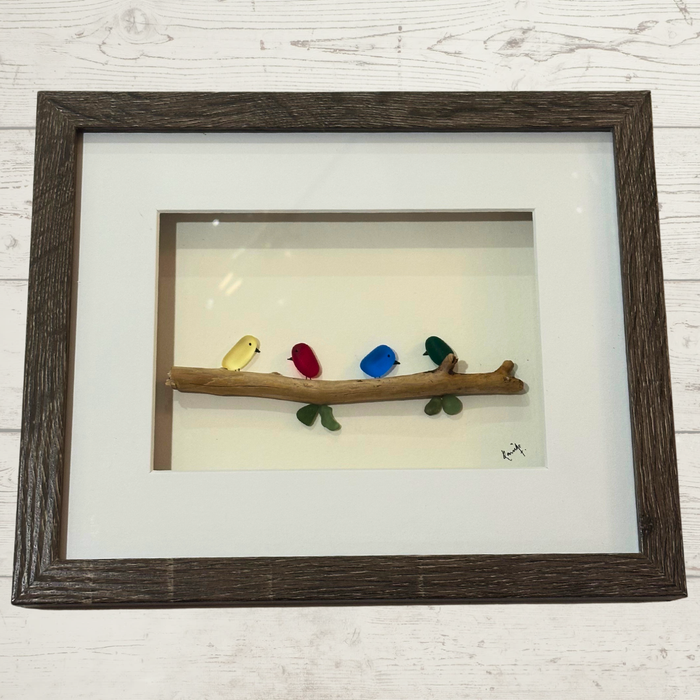 Family Birds Art, 3D Pebbles Tumbled Glass, Birds on Branch